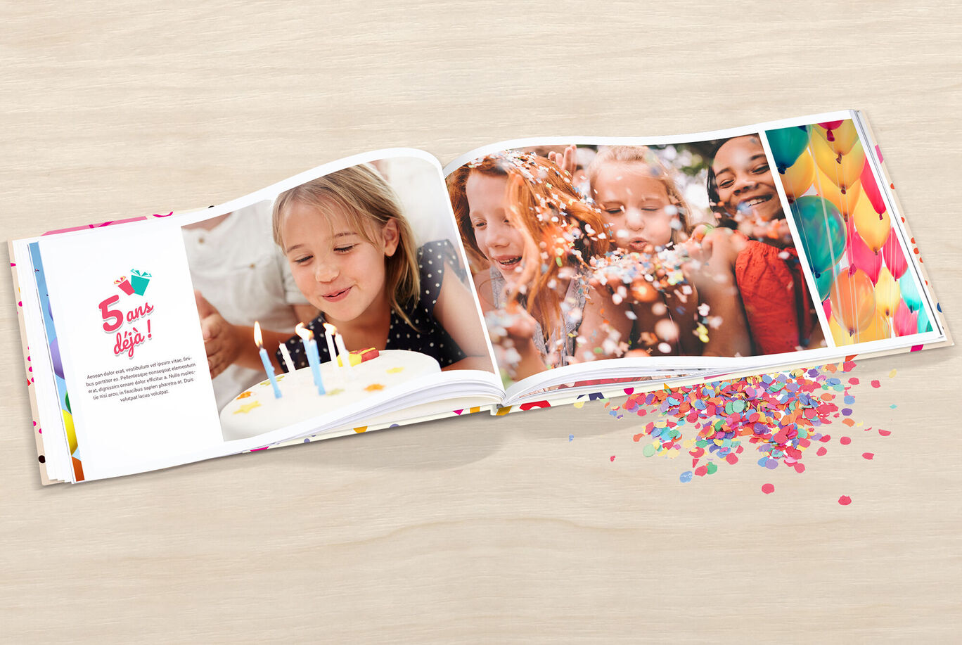 Un livre photo ouvert avec des motifs de fête d'anniversaire et des détails de confettis colorés.