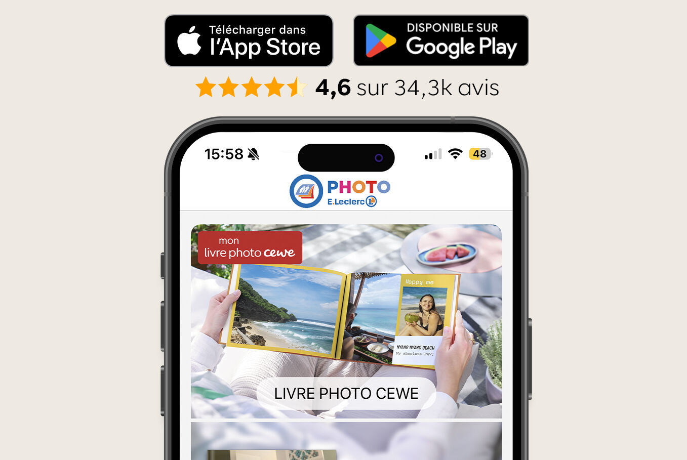 Ecran de l'app PHOTO E.Leclerc avec badge de téléchargement vers les stores iOs et Android