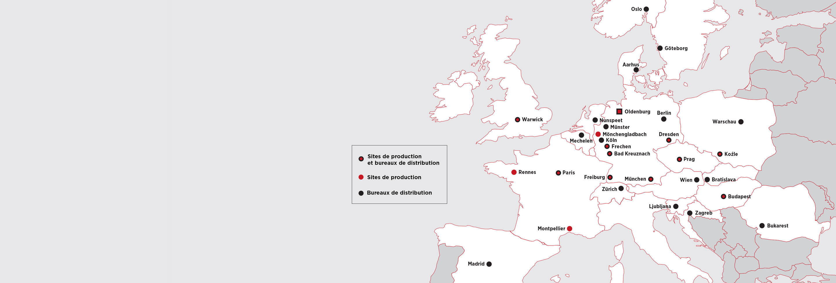 Carte d'Europe avec villes et destinations marquées dans différents pays