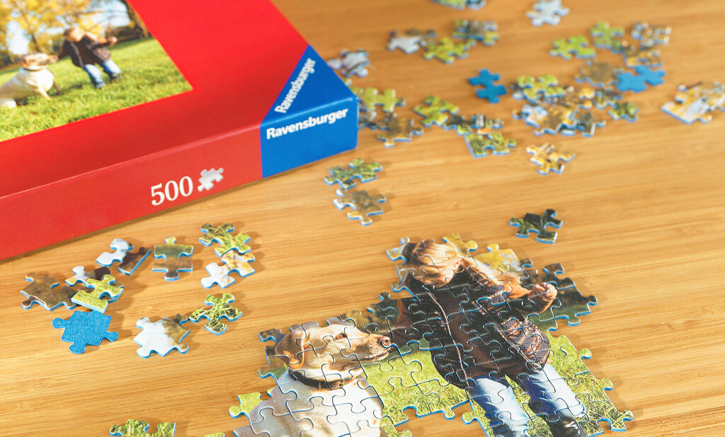 Pièces de puzzle Ravensburger avec un chien et une fille à l'extérieur.