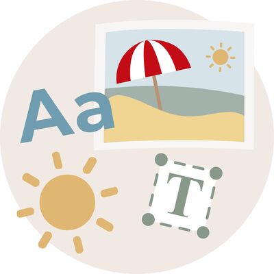 Motif de plage ensoleillée avec parasol et cadre photo. Soleil et textes inclus.