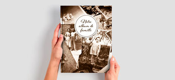 Une personne tient un album photo sur la famille, entourée d'images sépia nostalgique.