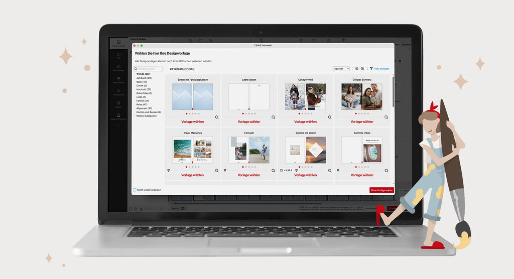 Capture d'écran du logiciel CEWE Photobook avec divers modèles de design et une illustration adaptée aux enfants.