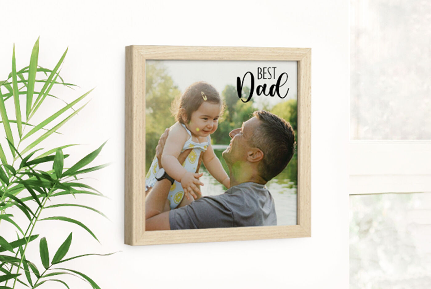 Un père tient son enfant près d'une rive. Le texte 'Best Dad' est écrit au-dessus.