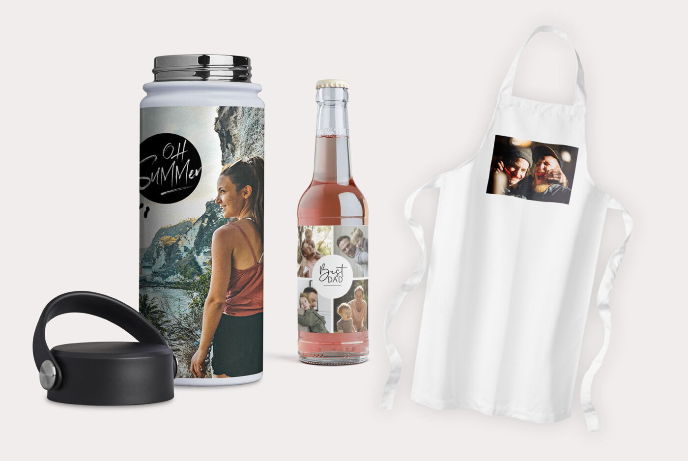Cadeaux photo personnalisés : gourde isotherme, étiquette de bouteille et tablier blanc