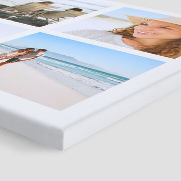 Mur décoratif avec photos d'amis à la plage et d'une femme souriante.