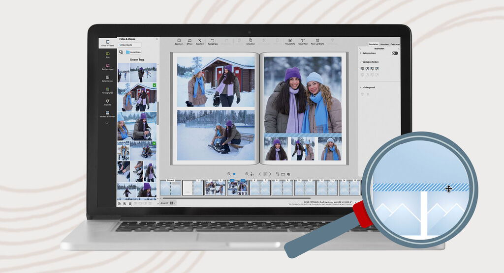 Capture d'écran du logiciel CEWE, créant des livres photo. Des images d'instants d'hiver sont visibles.