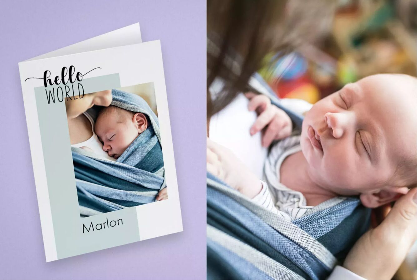 Cartes de bienvenue pour un bébé avec un portrait dans un porte-bébé.