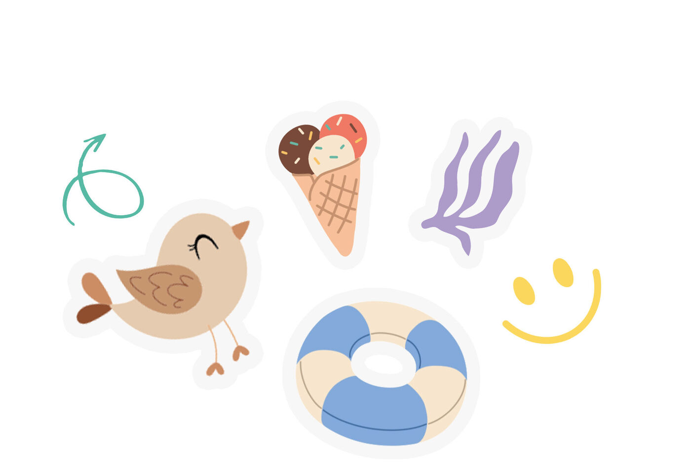 Ensemble d'illustrations décoratives avec oiseau, glace, coquillage, bouée et formes graphiques colorées