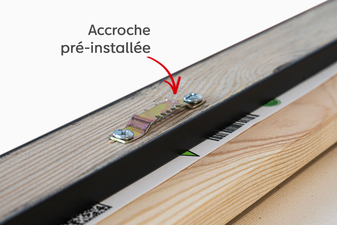 Au dos d'un tableau, un support de suspension déjà installé est visible.