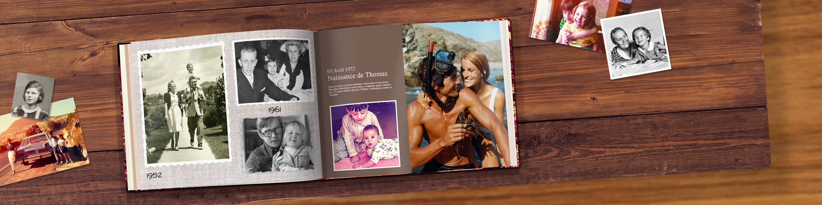 Un livre photo ouvert est sur une table en bois, montrant des souvenirs heureux avec des amis et la famille.