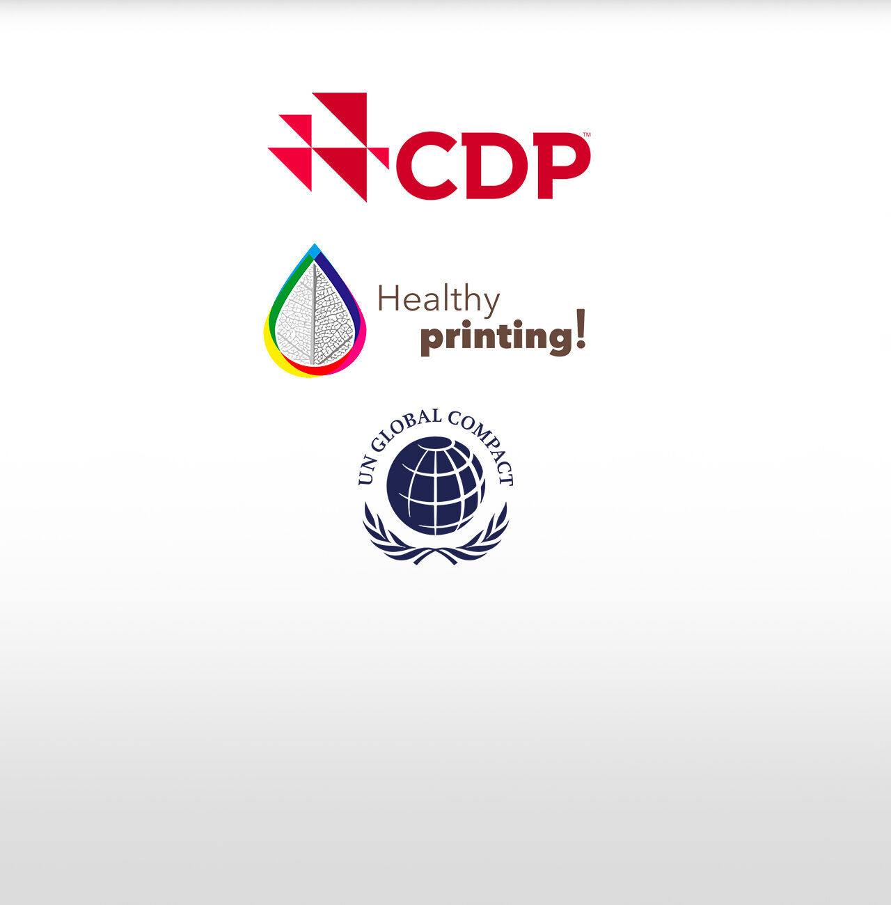 Logos de CDP, Healthy Printing et UN Global Compact sur fond blanc.