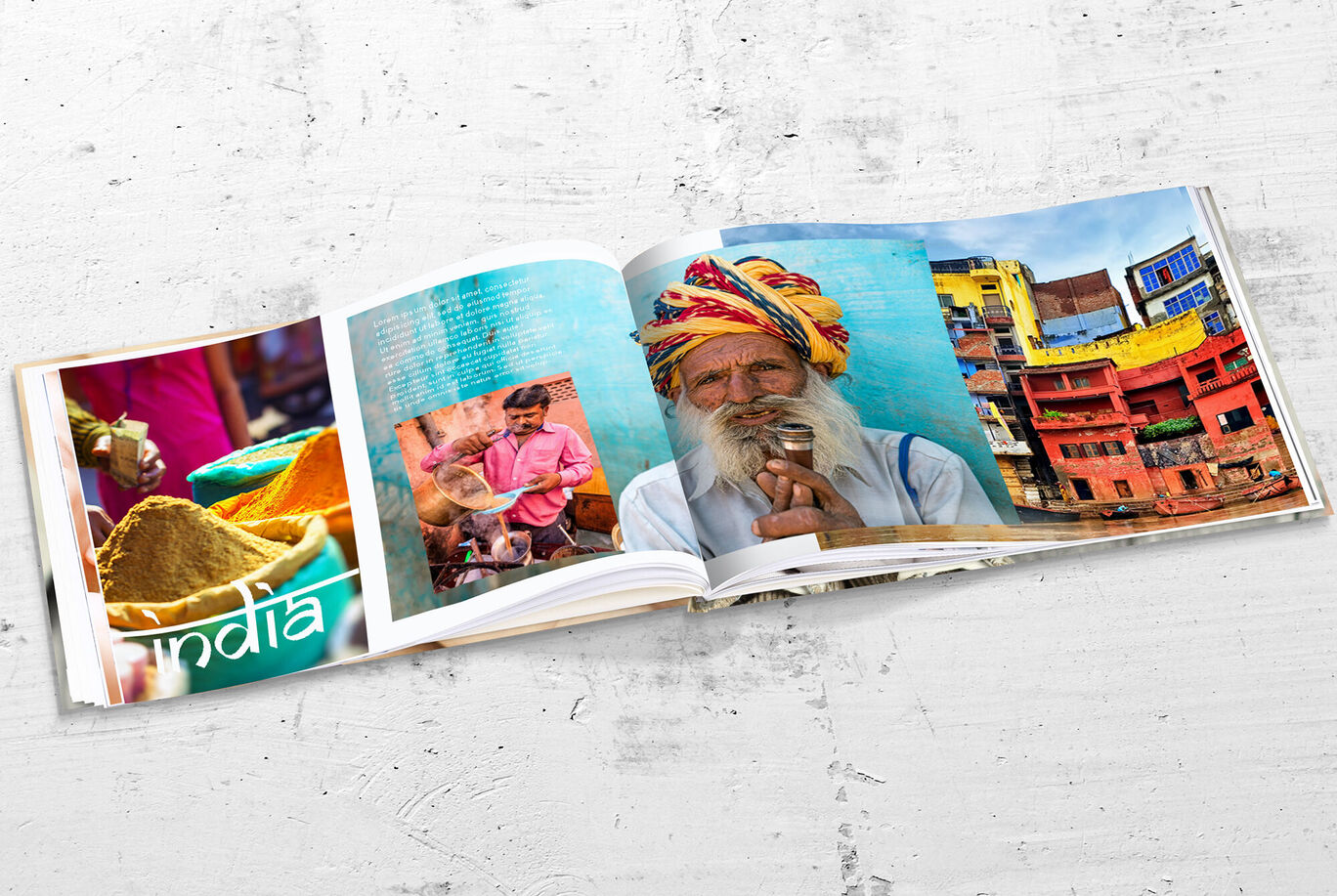 Livre photo coloré sur l'Inde avec des épices et des gens