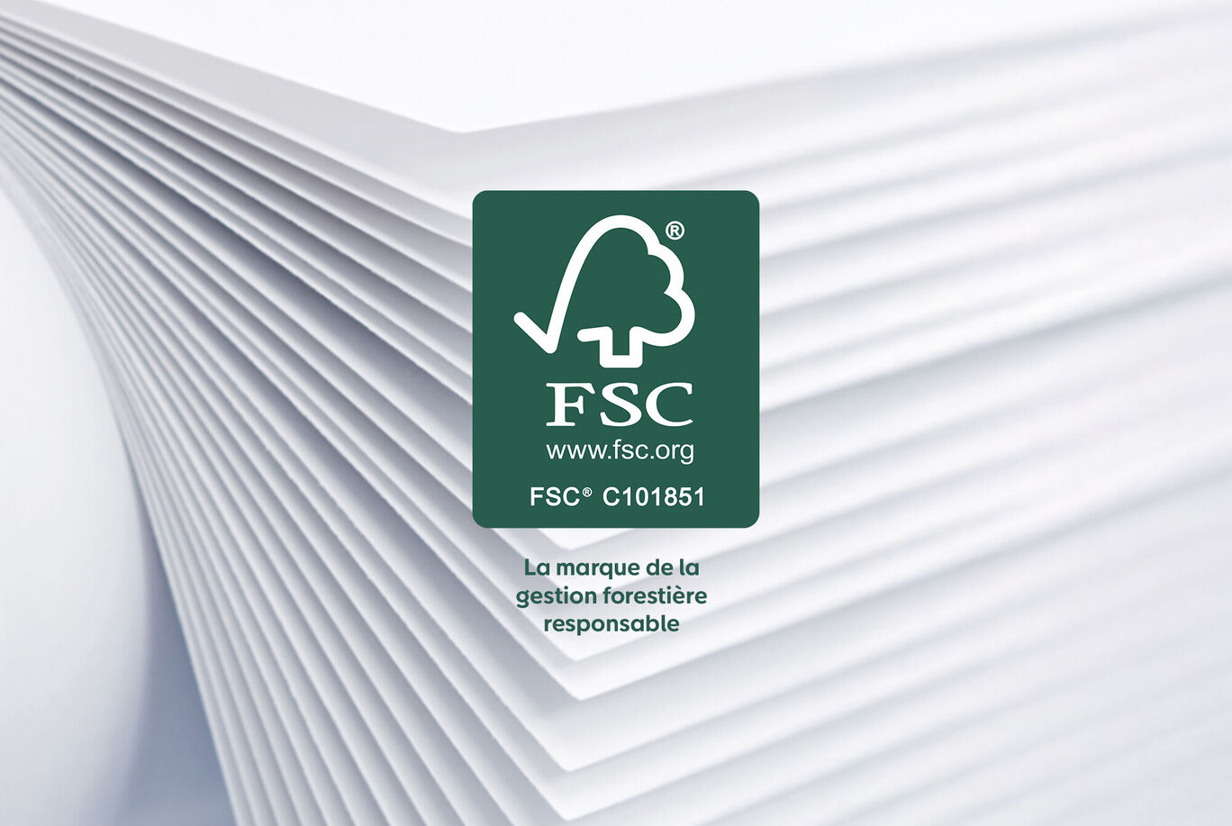 Logo FSC sur une pile de feuilles blanches