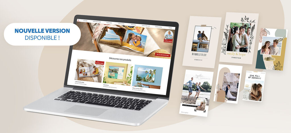 Ordinateur portable montrant le site web avec des options de produits CEWE et des photos.