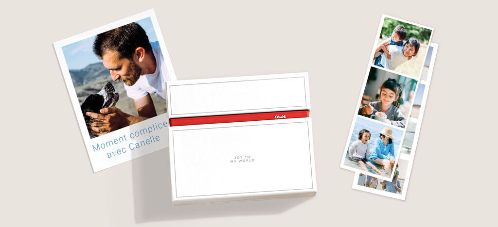 Deux photos montrant des moments heureux, encadrées par un environnement de cartes de vœux CEWE
