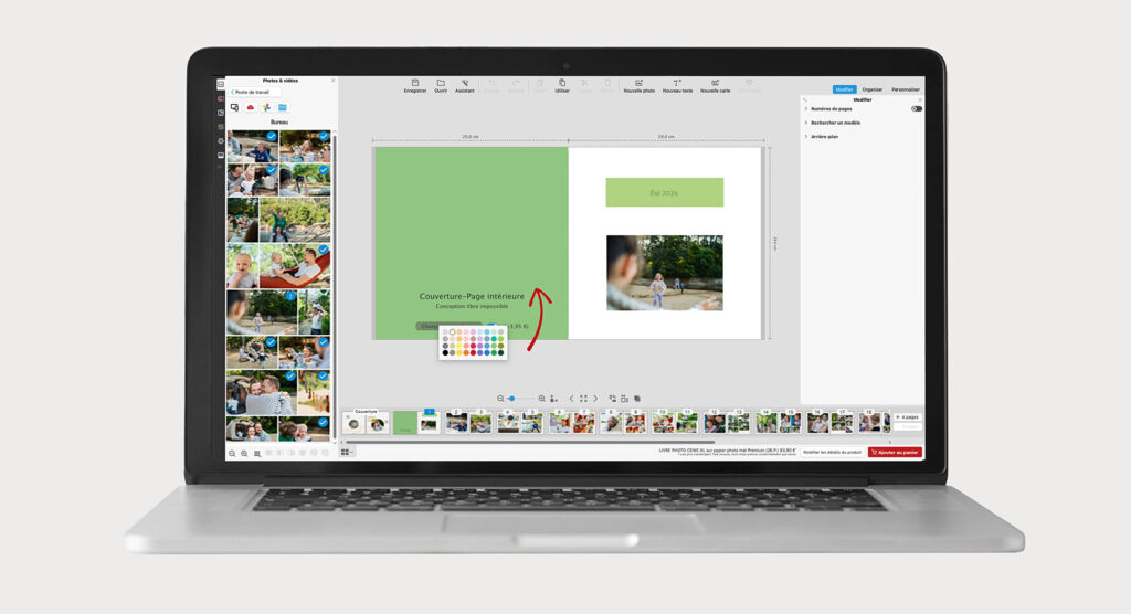 Interface de design graphique sur ordinateur portable avec outils de mise en page et gestion des visuels