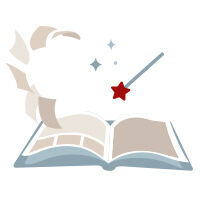 Un livre ouvert avec des éléments magiques comme des étoiles et une baguette magique