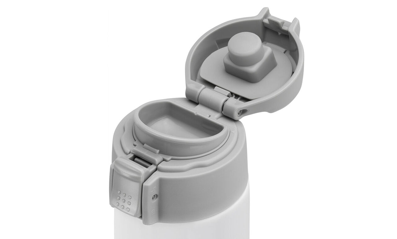 Bouteille grise ouverte avec couvercle.