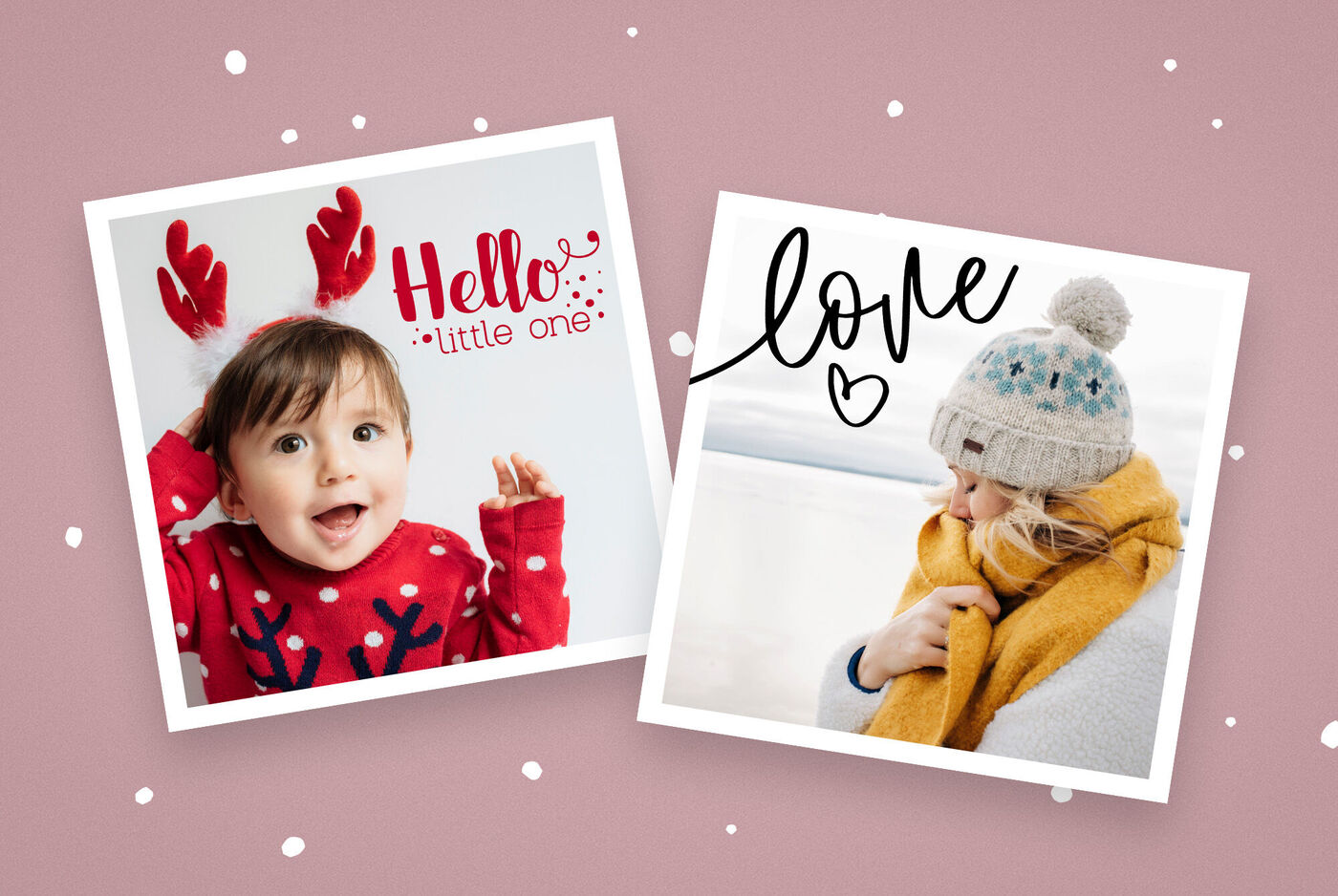 Un enfant avec un bonnet de Noël et des cornes rouges exprime joie, tandis qu'une autre personne sourit tendrement à la caméra