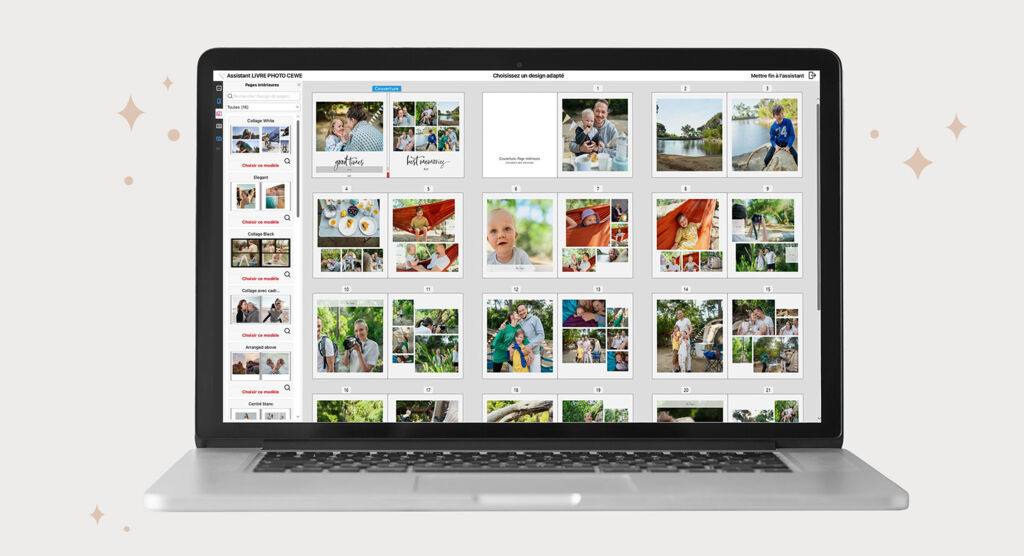 Logiciel de gestion de photos affiché sur ordinateur portable avec classement par vignettes