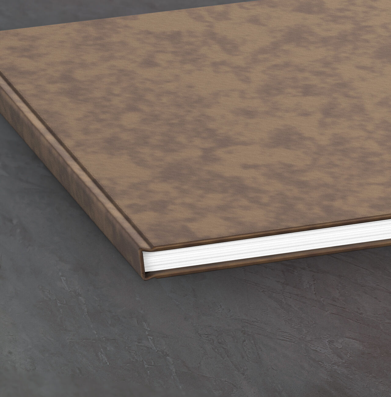 Album photo marron avec dos blanc épais sur une table grise