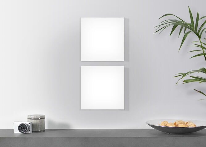 Deux œuvres d'art murales vides sur un mur gris, à côté d'un appareil photo et d'un bol de snacks.