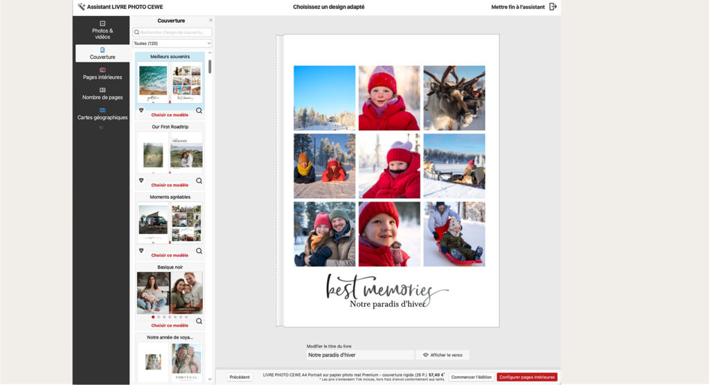 Outil en ligne de création de livre photo affichant une mise en page en grille de photos
