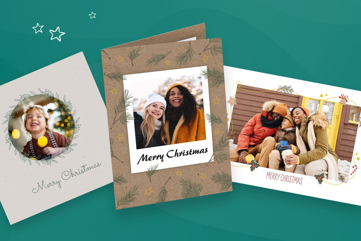 Trois cartes de Noël festives avec des designs chaleureux