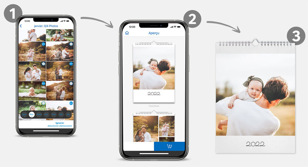 Trois smartphones montrent comment créer un calendrier photo CEWE. Le premier écran affiche des photos, le second est pour la conception, le troisième finalise le calendrier.