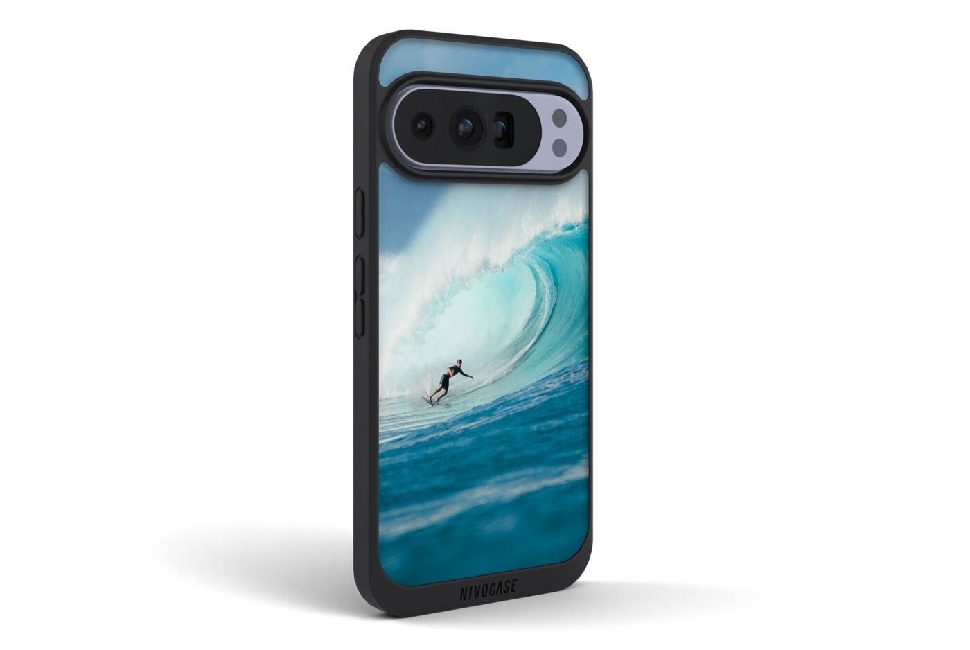 Coque pour Google Pixel montrant un surfeur dans une grande vague bleue