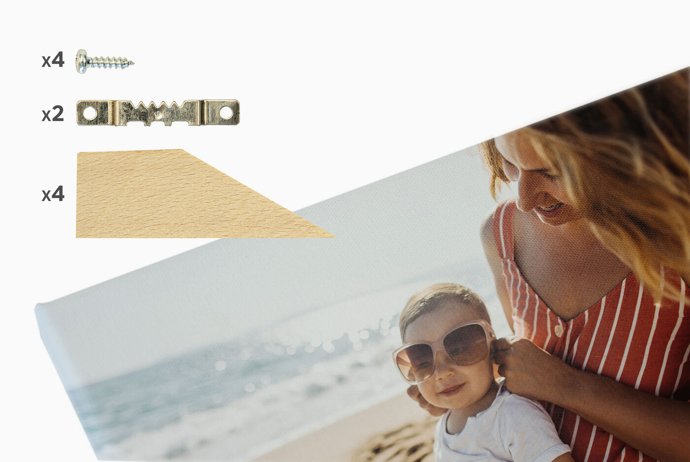 Accessoires de montage, comprenant des vis, des pièces métalliques et un morceau de bois.