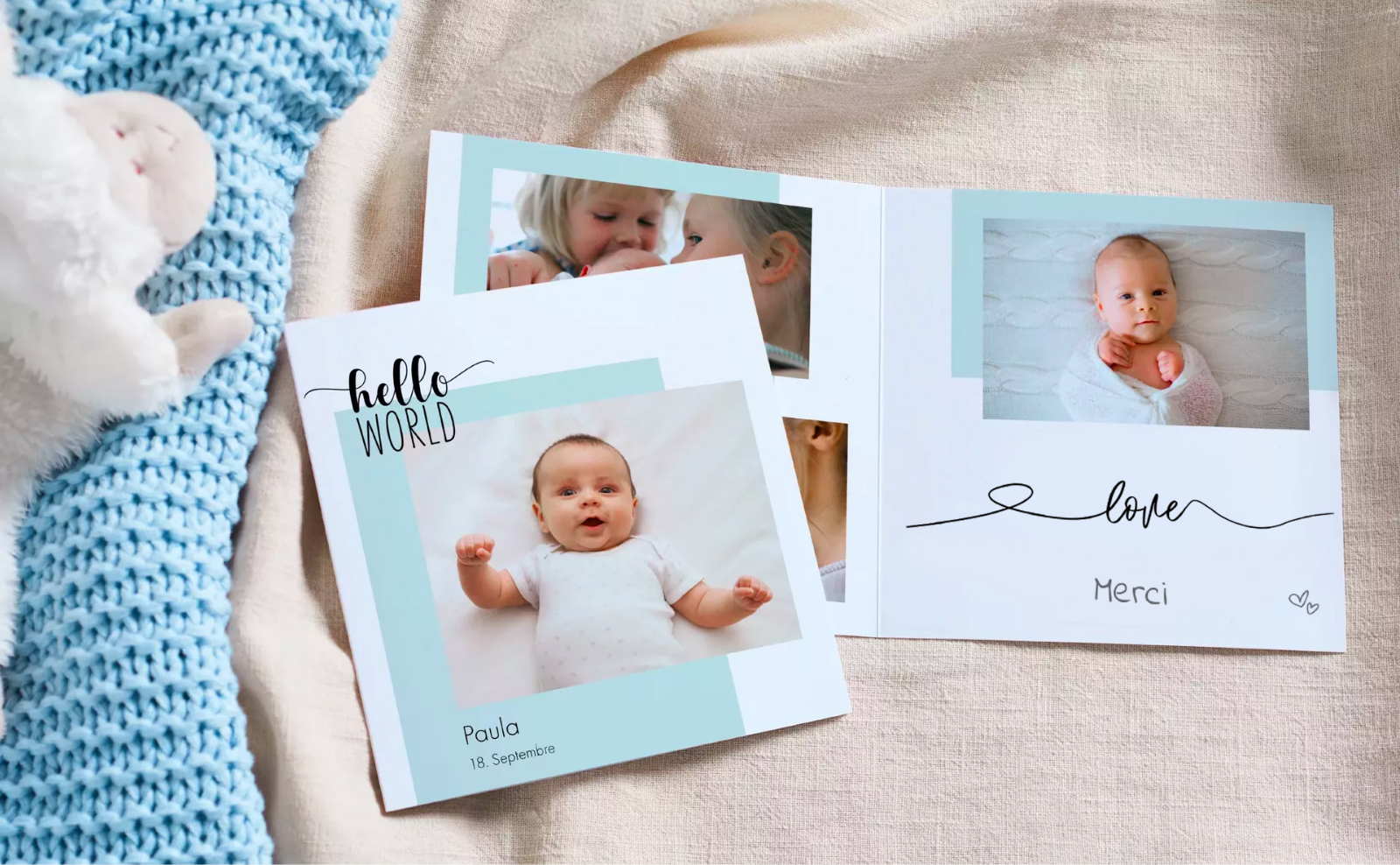 Une carte de vœux soigneusement conçue avec des photos d'un bébé. La carte est lumineuse et amicale.