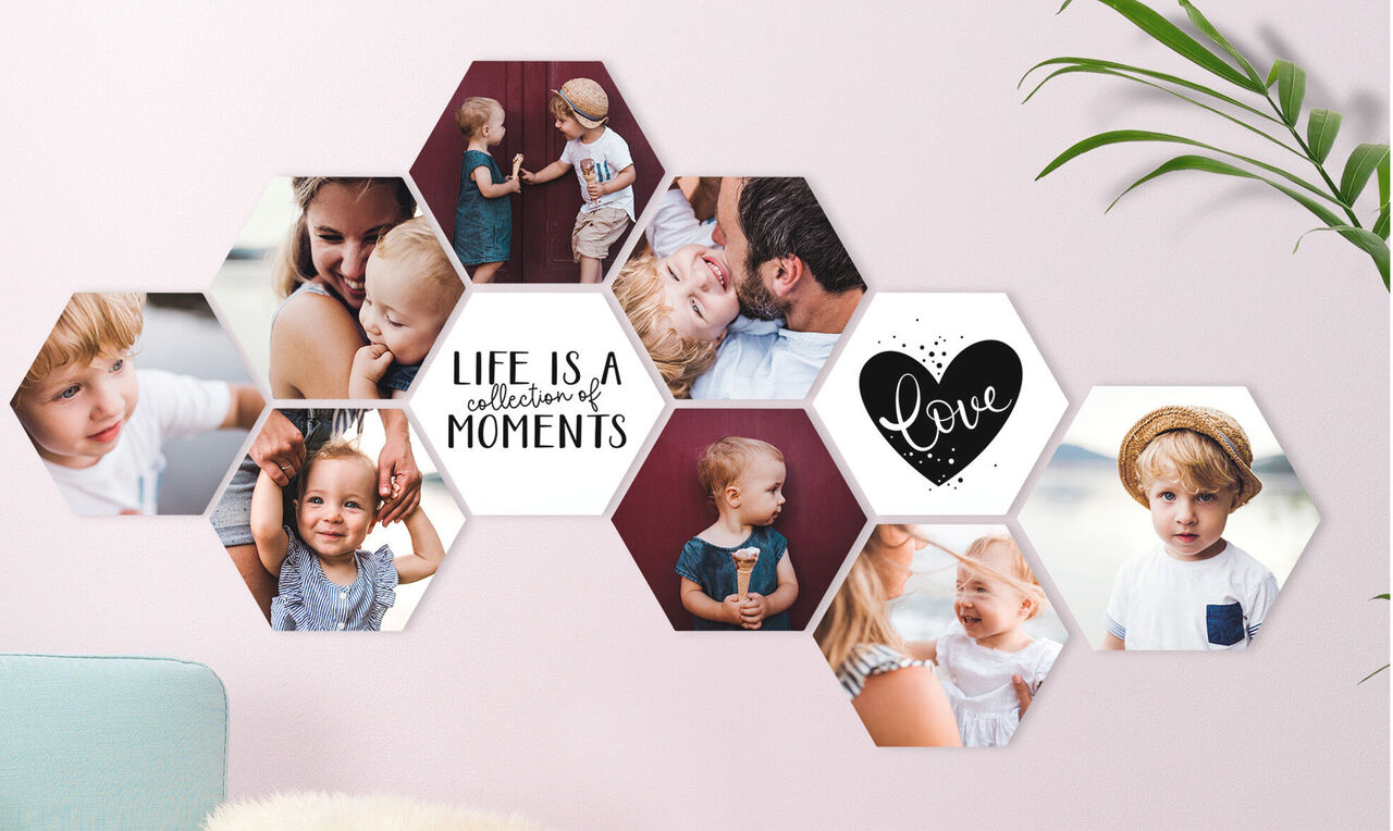 Collage mural hexagonal avec portraits d’enfants et messages sur la famille