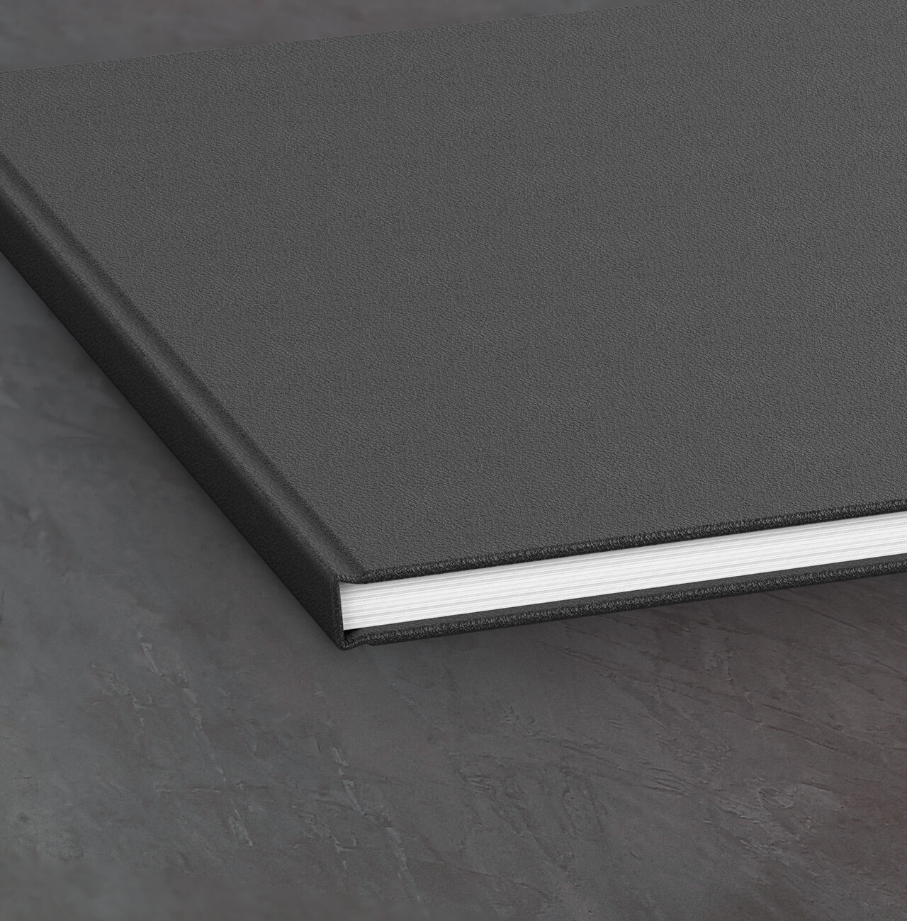 Livre photo noir avec pages rigides sur un fond gris