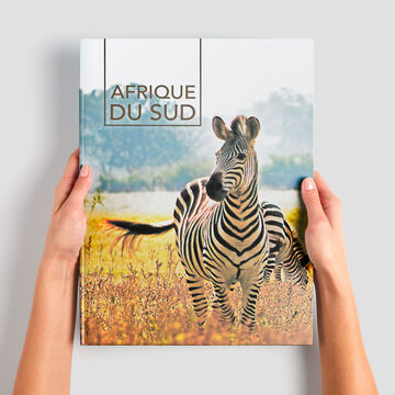 Deux zèbres sur la couverture d'un album photo tenu dans des mains