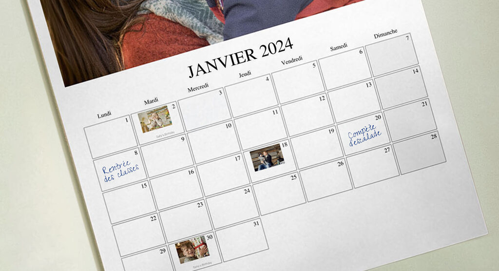 Feuille de calendrier de janvier 2024 avec notes manuscrites et images