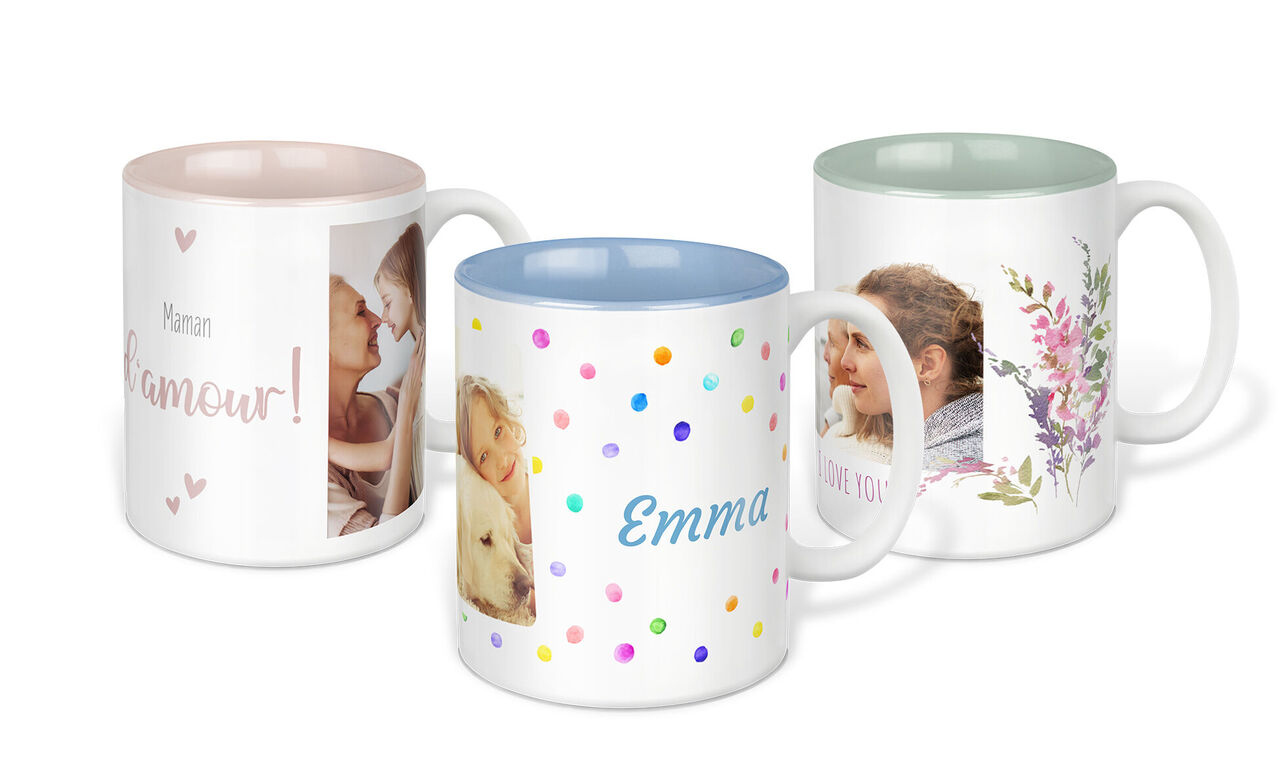3 mugs blancs personnalisés avec intérieur en couleur