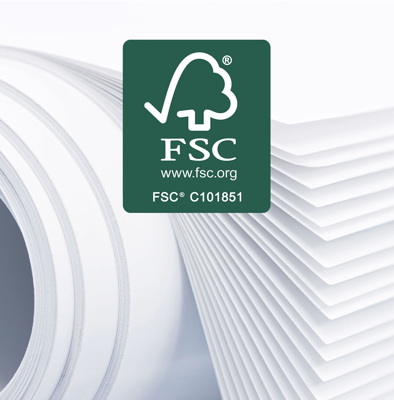 Logo FSC sur feuilles de papier blanc, représentant la gestion forestière durable