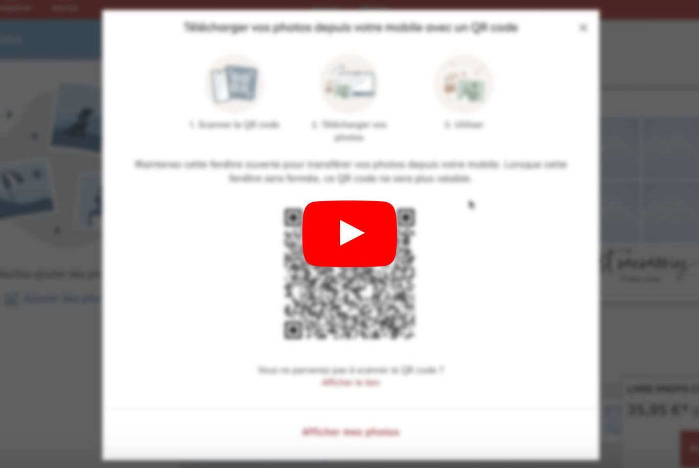 La capture d'écran montre la section de téléchargement des photos avec une option QR code. Les utilisateurs peuvent télécharger des photos via un QR code.