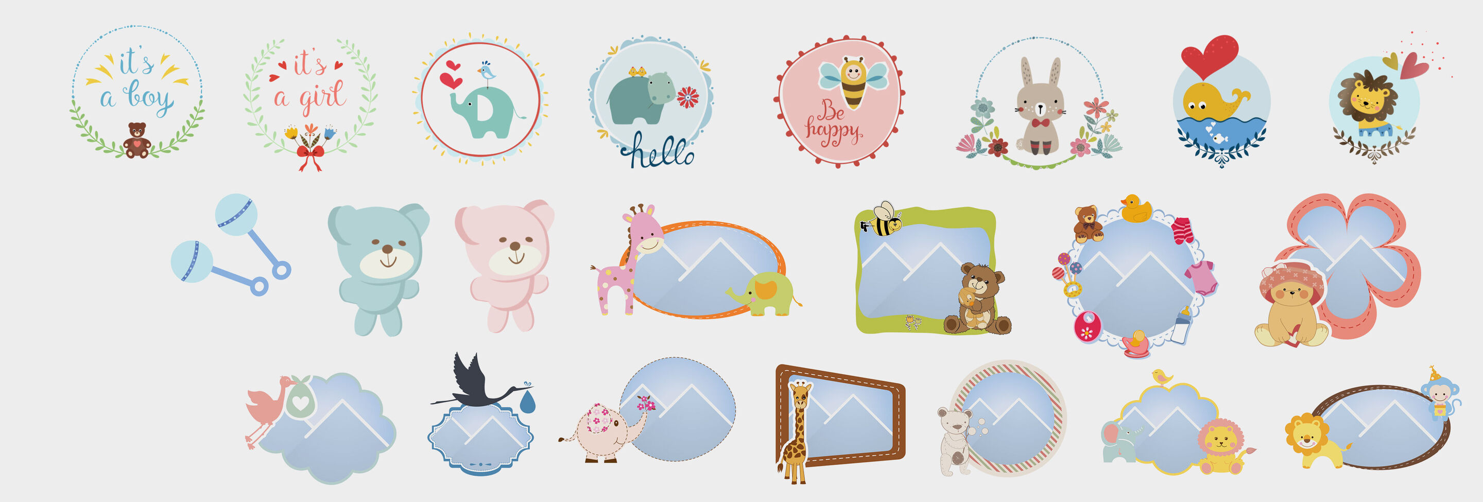 Illustrations colorées avec des animaux et des cadres pour enfants.