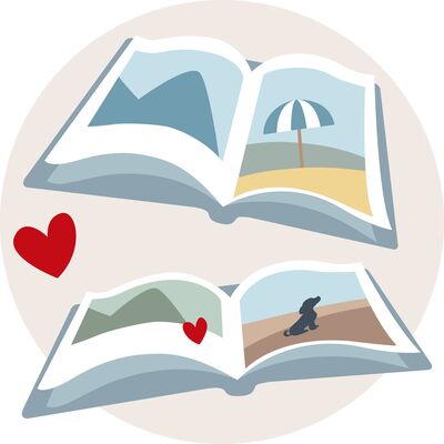 Illustration d'un album photo ouvert avec des images colorées et des cœurs.