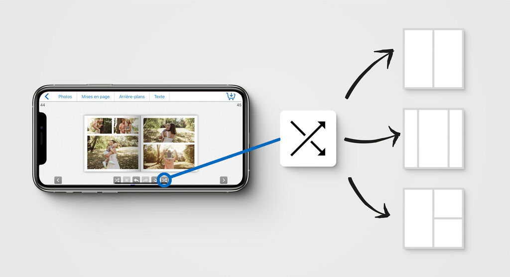 Smartphone montrant une sélection de modèles photo pour un CEWE PHOTOBOOK.