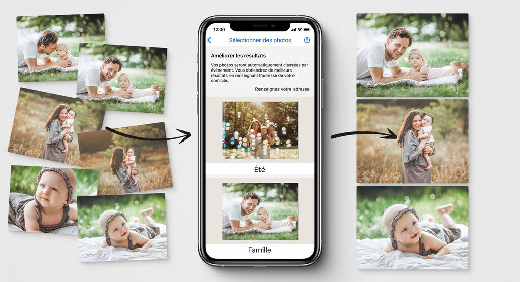 Un smartphone montre un aperçu de photos de famille en plein air. Les membres de la famille créent de joyeux souvenirs dans la nature.
