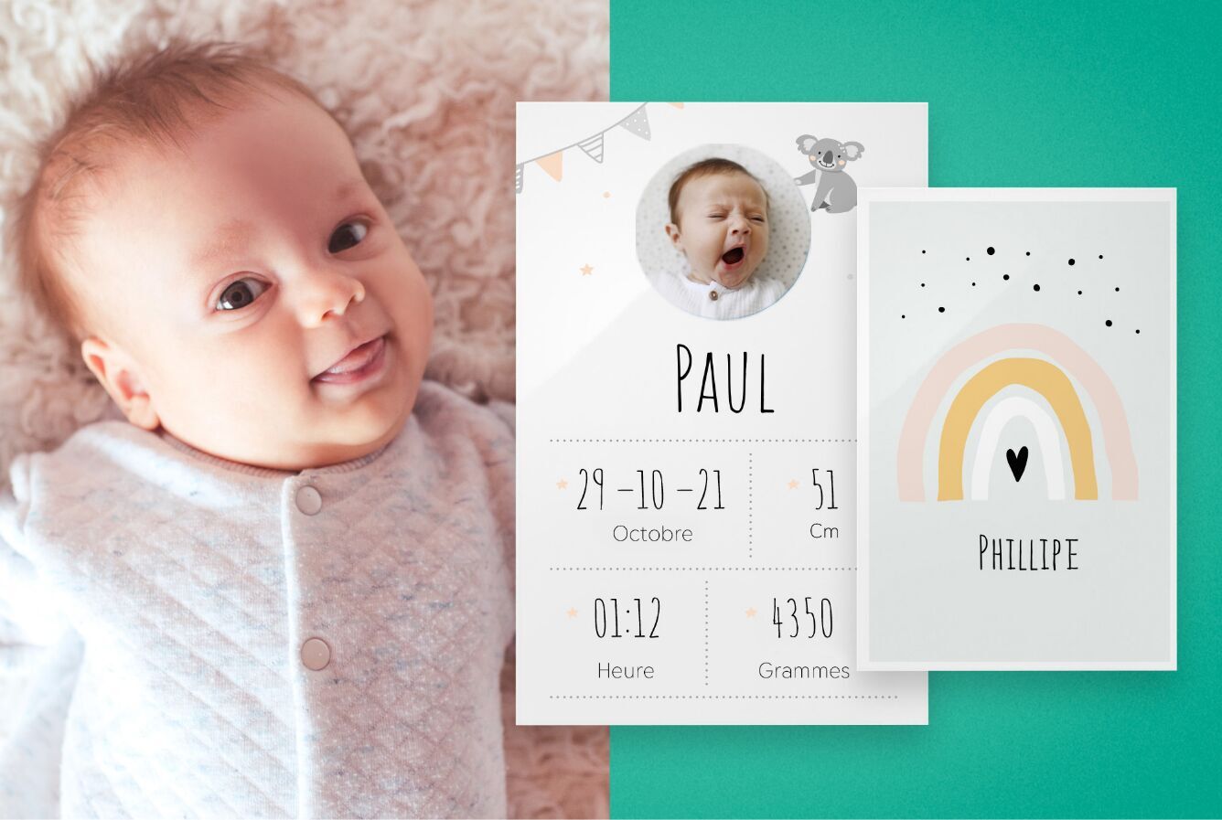 Un adorable bébé avec une annonce de naissance en arrière-plan.