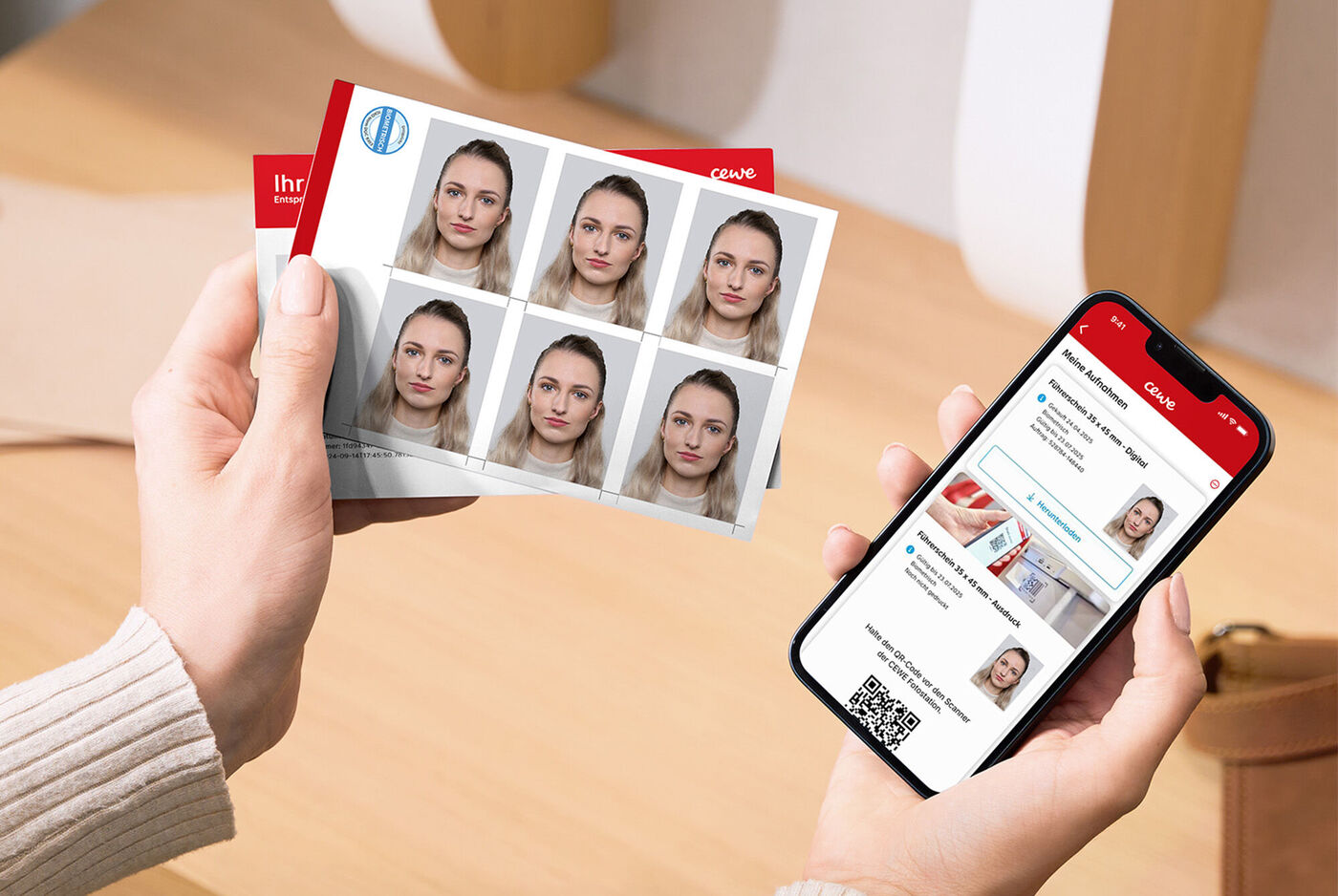 Planche de portraits d’identité tenue près de l’application sur smartphone