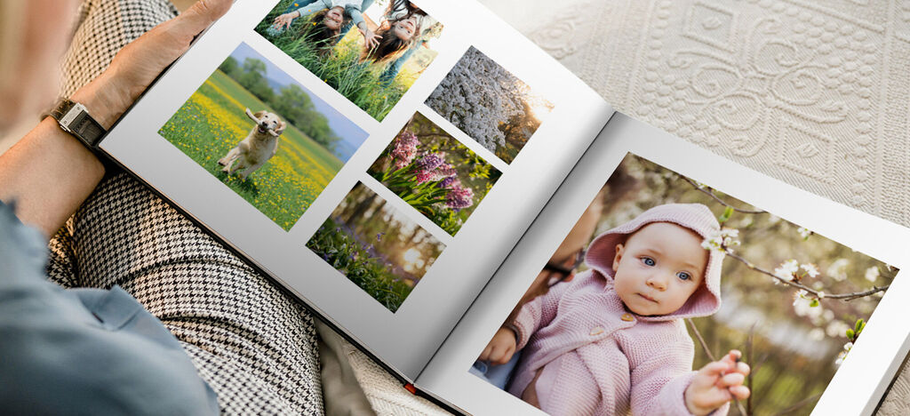 Un livre photo ouvert sur les genoux avec plusieurs images dont un pré, un chien et des fleurs.