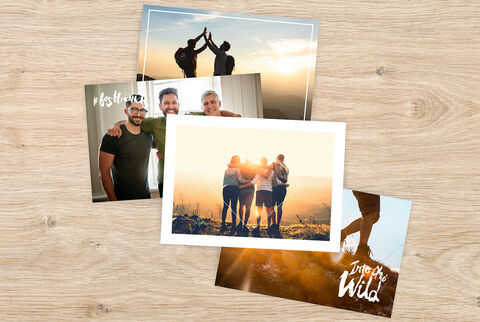 Trois photos et une carte postale montrant des moments joyeux avec des amis en plein air.