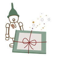 Un article-cadeau décoré d'un ruban rouge, avec des éléments de confetti colorés et un robot joyeux