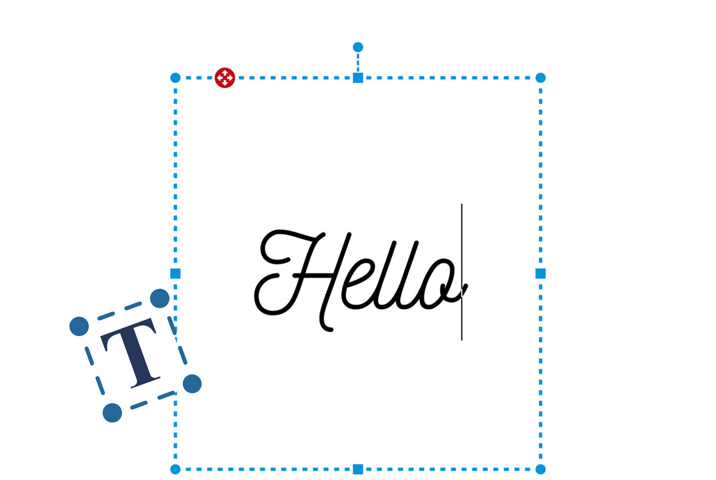 Zone de texte avec le mot Hello encadré de repères de sélection, illustrant l’ajout de texte personnalisé